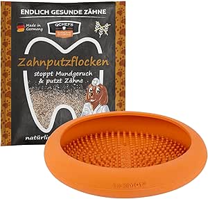 QCHEFS Tooth brush flakes & Lickimat UFO as a lick mat dog after dog food and as a dog accessory for soothing when showering and dental care, bad breath, gum inflammation and tartar way