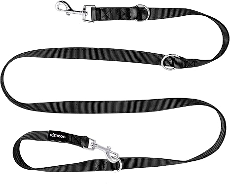vitazoo Premium Dog Lead in Black, Solid and Adjustable in 3 Lengths - Suitable for Large and Strong Dogs - Double Lead - Total Length 2 m