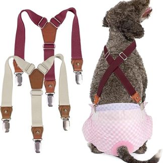 Pet Soft Dog Diaper Suspenders, 2 Pack Dog Suspenders, Dog Diaper Harness, Suspenders for Diapers Women Puppy Suspenders, Belly Bands, Pet Clothes (Beige-Wine, M)