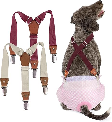 Pet Soft Dog Diaper Suspenders, 2 Pack Dog Suspenders, Dog Diaper Harness, Suspenders for Diapers Women Puppy Suspenders, Belly Bands, Pet Clothes (Beige-Wine, M)