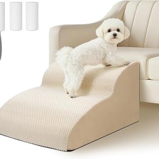 Ezvsevuo Dog Stairs for Small Dogs, 2 Steps Pet Stairs for Couch Made of High Density Sponge, Sponge Dog Ramp for Sofa Bed, Dog Stairs with Removable Cover, Sending Lint Roller, Beige