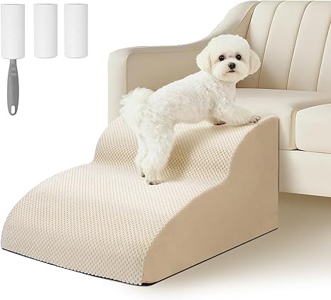 Ezvsevuo Dog Stairs for Small Dogs, 2 Steps Pet Stairs for Couch Made of High Density Sponge, Sponge Dog Ramp for Sofa Bed, Dog Stairs with Removable Cover, Sending Lint Roller, Beige
