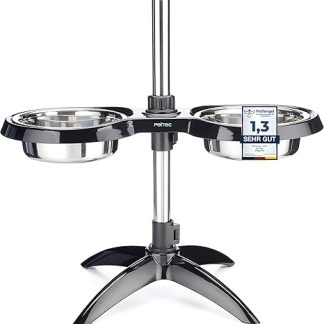 PetTec Doggy Bar Feeding Bowls, Height-Adjustable for Medium and Large Dogs Made of Stainless Steel, 2 x 1.6L/2.5L, Non-Slip & Stable, Adjustable from 20.5 cm to 54 cm, Black