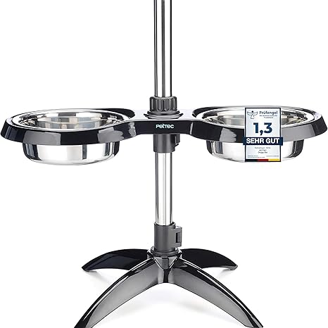 PetTec Doggy Bar Feeding Bowls, Height-Adjustable for Medium and Large Dogs Made of Stainless Steel, 2 x 1.6L/2.5L, Non-Slip & Stable, Adjustable from 20.5 cm to 54 cm, Black