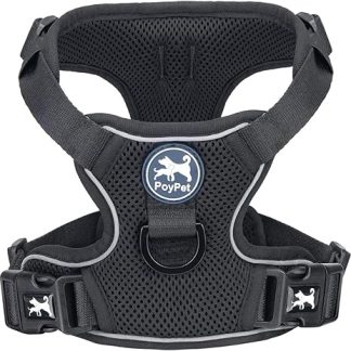PoyPet Reflective, Soft, Breathable Mesh Dog Harness, Choke-Free Double Padded Vest with Adjustable Neck and Chest (Black, M)