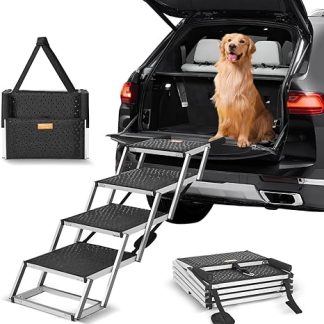 VEVOR Dog Stairs for Cars, Wide 4 Step Dog Car Stairs, Foldable Dog Car Ramp with Non-Slip Surface, Portable Pet Stairs Made of Lightweight Aluminium for Car, SUV and Truck
