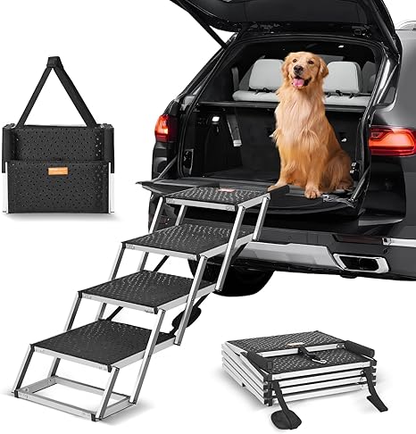 VEVOR Dog Stairs for Cars, Wide 4 Step Dog Car Stairs, Foldable Dog Car Ramp with Non-Slip Surface, Portable Pet Stairs Made of Lightweight Aluminium for Car, SUV and Truck