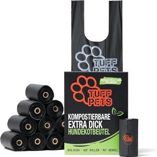 Tuff Pets Compostable Dog Waste Bags on Rolls - 50% Thicker Vegetable Dog Waste Bags Biodegradable - Compostable Certified - with Handles - 12 Rolls - 120 Bags
