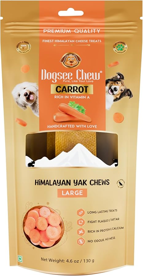 Dogsee Himalayan Yak Cheese Dental Care Carrot Flavoured Chew Snacks for Dogs - 130g (1 Large Chew) | For Better Gut Health | Grain-Free, Gluten Free | Odourless Dog Treats