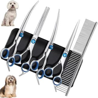 Gentpovth Dog Scissors Set, Professional 5-in-1 Dog Scissors, Dog and Cat Safety Grooming Scissors, Includes Thinning Scissors, Curved, Straight Scissors, Grooming Comb, for Cats and Other Animals