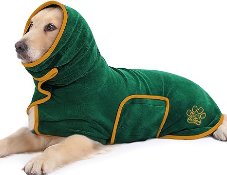 PETTOM Dog Bathrobe, Dog Bathrobe with High Collar, Dog Bathrobe for Large Dogs, Extra Absorbent with Velcro Fastening (Green, XL)