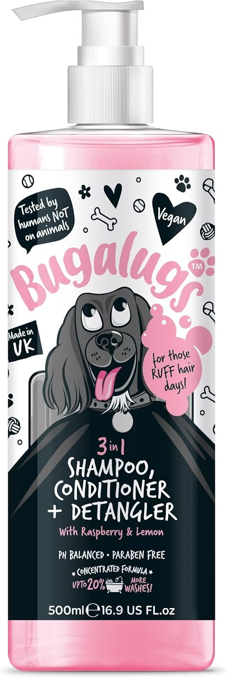 BUGALUGS Shampoo, 3 in 1 Cleaner, Condition Maintenance and Detangling, Raspberry and Lemon Fragrance for Smelly Dogs, Best Dog Coat, Puppy Cleaner, Pet Supplies