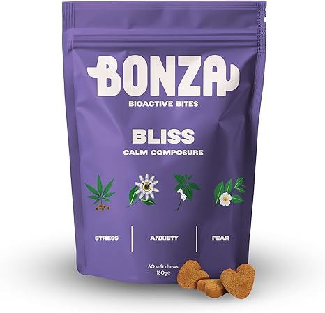 Bonza Calming Dog Treats - Natural Calming Chews for Dogs, Bliss Bioactive Bites with Botanicals & Omega-3, Dog Calming Supplement for Relaxation, Anxiety & Stress Relief, 60 Soft Chews