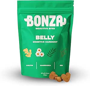 Bonza Pre & Probiotics for Dogs Gut Health and Digestion, Natural Dog Probiotic Supplement with Fibre & Botanicals, Dog Digestive Support Chews, 60 Soft Bites