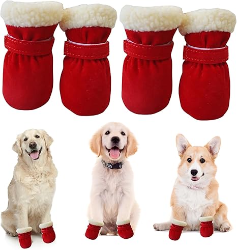 Adjustable Non-Slip Dog Shoes, Paw Protection, Waterproof Snow Shoes, Non-Slip Dog Shoes, Outdoor, Paw Protectors, Dog Shoes for Small, Medium Dogs, Autumn, Winter (Red)