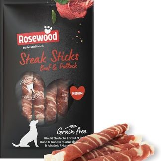 Rosewood Steak Sticks Dog Treats 90 g - Pack of 4 - With Beef and Pollock - Medium Snacks for Dogs - Grain-Free, Gluten Free, No Artificial Additives - Dental Care by Chewing
