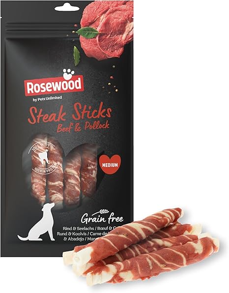 Rosewood Steak Sticks Dog Treats 90 g - Pack of 4 - With Beef and Pollock - Medium Snacks for Dogs - Grain-Free, Gluten Free, No Artificial Additives - Dental Care by Chewing