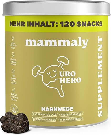 mammaly 5-in-1 Bladder & Kidney Food for Dogs - URO Hero 110 Snacks (325g) - Can Support Bladder Weakness, Incontinence and Kidney Problems - with Cranberry, Vitamin E, Beta-Carotene