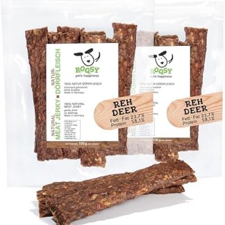 ROQSY Natural Jerky 100% Deer - Grain-Free, Chew, Dried Meat, Treat for Dogs, Ideal Snack for Puppies, Chewing Strips, Barf-Enable, Jerky - 200 g