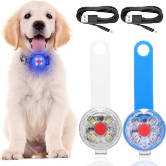 Pack of 2 Safety Pet Lights, USB Rechargeable LED Light Pendant Dog, 3 Flashing Modes, Waterproof Flashing Light Dog for Dogs, Cats (Blue + White), Silicone