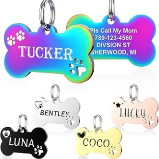 YEHANTI Dog Tag with Engraving - Dog Tag Personalised with Name, Phone Number and Address, Stainless Steel Name Plate for Collar, Pendant Tag for Dogs, Cats and Puppies (Bone)