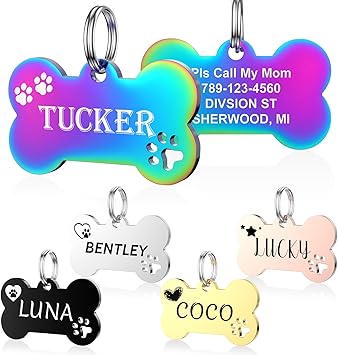 YEHANTI Dog Tag with Engraving - Dog Tag Personalised with Name, Phone Number and Address, Stainless Steel Name Plate for Collar, Pendant Tag for Dogs, Cats and Puppies (Bone)