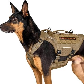 OneTigris Dog Harness, Torpedo Tactical Harness with 4 Metal Buckles, 3 Metal D-Rings, 2 Handles and Reflective Strips, No-Pull Adjustable Safety Harness for Large/Medium Dogs, Brown, M