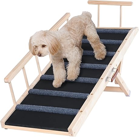 VEVOR Dog Ramp 1.2 m Long Dog Stairs with 7 Crossbars Dog Car Ramp Made of Pine Wood Rubber Dog Entry Aid 6 Level Height Settings Animal Ramp Approx. 113 kg Load Capacity for Large Small Dogs
