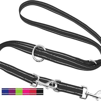DEY - Premium Nylon Dog Lead 2 m Reflective 3-Way Adjustable for Small, Medium and Large Dogs Available in Many Colours Double Dog Recall Lead Lead Puppy Lead Black S