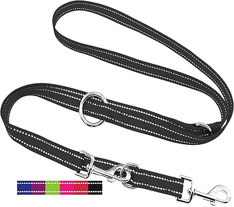 DEY - Premium Nylon Dog Lead 2 m Reflective 3-Way Adjustable for Small, Medium and Large Dogs Available in Many Colours Double Dog Recall Lead Lead Puppy Lead Black S