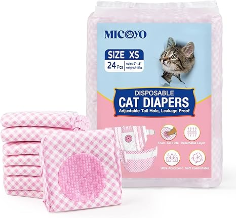 MICOOYO Dog Nappies for Female Dogs, Super Absorbent Cat Nappies with Adjustable Foam Holes, Disposable Cat Nappy Pants for Female Dogs in Heat (XS, Pack of 24)