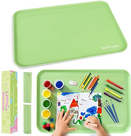 BuntWunder Silicone Mat Large, Craft Mat with Raised Edges, 61 x 41 cm Painting Mat for Children, Silicone Mat for Crafts, Multipurpose Table Mat, Place Mat, Pet Feeding Mat (Green)