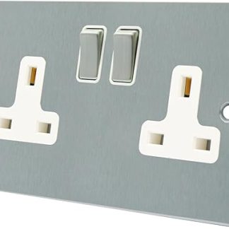 Wall Socket 2 Gang - Satin Matt Chrome Flat - White Insert - Metal Rocker - 13 Amp Double Plug Socket