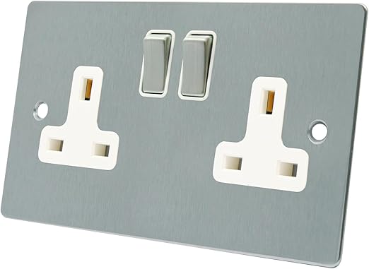 Wall Socket 2 Gang - Satin Matt Chrome Flat - White Insert - Metal Rocker - 13 Amp Double Plug Socket