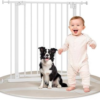 WOLTU Stair Gate 75-87 cm, Metal Door Safety Gate with / No Drilling, Auto-Close, 90° Stop, Swivelling on Both Sides, 2 Latches, Can be Opened with One Hand, White