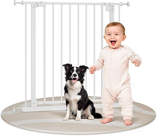WOLTU Stair Gate 75-87 cm, Metal Door Safety Gate with / No Drilling, Auto-Close, 90° Stop, Swivelling on Both Sides, 2 Latches, Can be Opened with One Hand, White