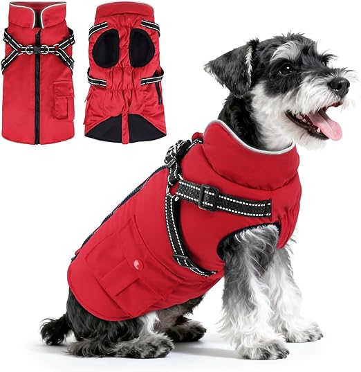 Woiil Dog Coat, Dog Jacket, Winter Coat for Large Dogs, Dog Coat Winter with Harness, Dog Winter Coat Costume, Sleeveless Cotton Padded Vest, Waterproof, Warm, Reflective, Red, L