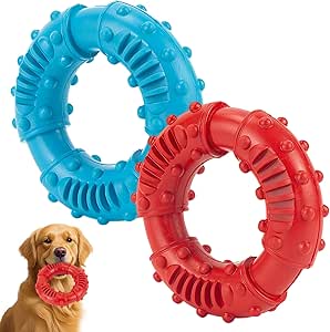Rbleote Pack of 2 Dog Chew Toy, Teething Ring Dog, Indestructible Dog Toy, Chew Toy for Ring, Made of Natural Rubber, 13 cm Diameter, for Small, Medium and Large Dogs (Red and Blue)