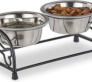 Relaxdays Dog Bowl Set with Holder, Bowl Stand Dogs & Puppies, 2 Stainless Steel Bowls 300 ml Each, Feeding Bar, Black/Silver