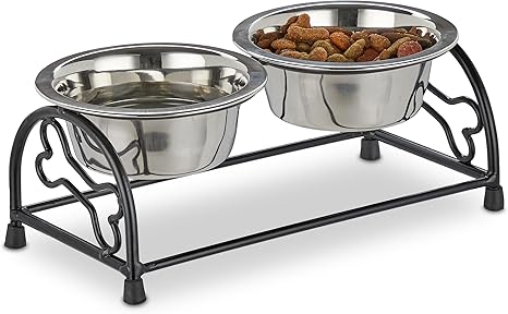 Relaxdays Dog Bowl Set with Holder, Bowl Stand Dogs & Puppies, 2 Stainless Steel Bowls 300 ml Each, Feeding Bar, Black/Silver