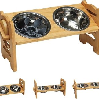 RLAVBL Dog Bowl Elevated Adjustable Bamboo Pet Food Bowl with Slow Eater and 2 Stainless Steel Bowls, Non-Slip Pads for Small Medium Dogs and Cats