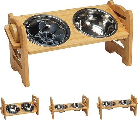 RLAVBL Dog Bowl Elevated Adjustable Bamboo Pet Food Bowl with Slow Eater and 2 Stainless Steel Bowls, Non-Slip Pads for Small Medium Dogs and Cats