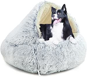 YAGE Dog Bed 80 cm, Hood with Supports - Fluffy Calming Pet Bed, Suitable for Pets Under 20 kg, with Removable, Washable Cover, Luxury Super Soft Pet Cave Bed,