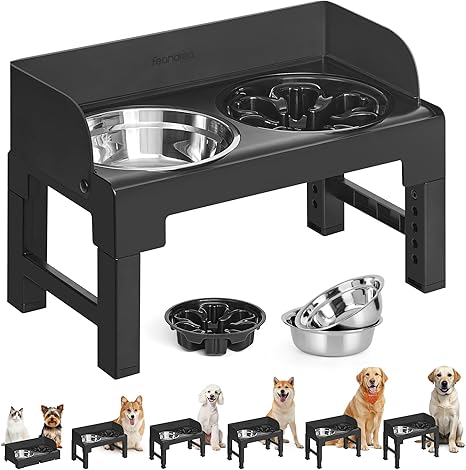 Feandrea PRB103B01 Raised Dog Bowl with Frame, Feeding Bowls, Height Adjustable and Tilting, Feeding Station, 2 Bowls Made of 304 Stainless Steel, 1 Bowl for Slow Eating, Ink Black