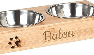 Laublust Feeding Station with Name, Bamboo, 2 Stainless Steel Feeding Bowls, Food Bar for Dogs and Cats