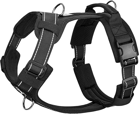 OneTigris Diesel Adjustable Tactical Harness, Soft Padded Chest Harness for Medium and Large Dogs with Reflective, 1 Handle, 3 D-Rings (Black, M)