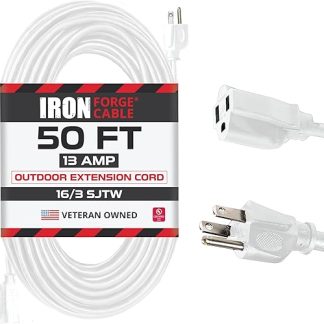 White Outdoor Extension Cord 50 Ft with 3 Prongs Electrical Power Outlets - 16/3 SJTW, 13 AMP Heavy Duty White Power Cord for Lawn, Garden, Appliances, 16 Gauge Extension Cord