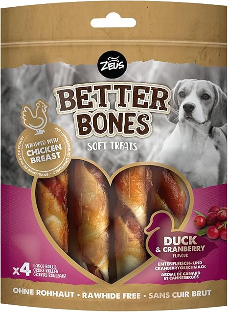 BetterBones Soft Dog Chew Snack with Raw Skin Wrapped Rolls with Duck with Cranberry, 12.5 cm, Pack of 4