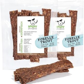 ROQSY Natural Jerky 100% Trout Dry Fish for Dogs, Protein Rich & Low Fat, Barf Supplement, Grain-Free, Jerky, Dog Snack, Chewing Strips, Treats, Chew for Allergy Sufferers - 200 g