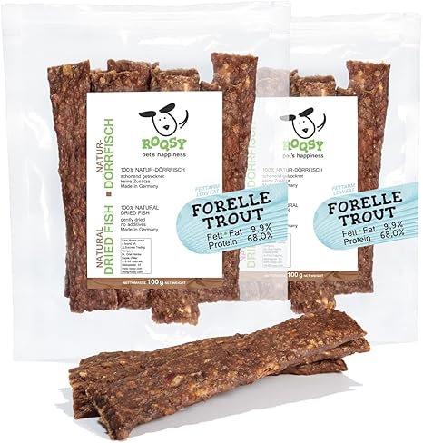 ROQSY Natural Jerky 100% Trout Dry Fish for Dogs, Protein Rich & Low Fat, Barf Supplement, Grain-Free, Jerky, Dog Snack, Chewing Strips, Treats, Chew for Allergy Sufferers - 200 g